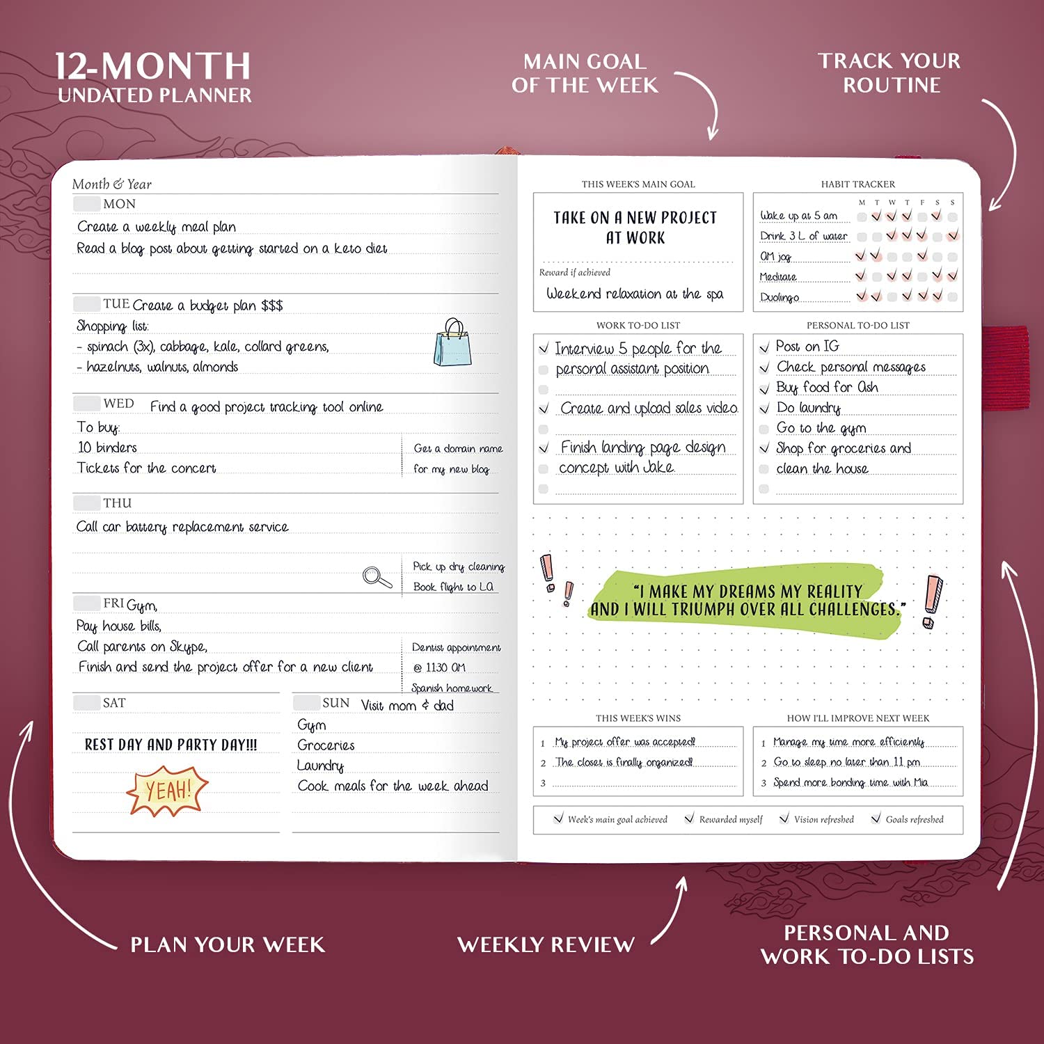 Legend Planner – Deluxe Weekly & Monthly Life Planner to Hit Your Goals & Live Happier. Organizer Notebook & Productivity Journal. A5 Hardcover, Undated – Start Any Time + Stickers – Hot Pink Gold - Image 3
